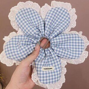 Blue Gingham Ruffle Scrunchie Cottagecore Lace Hair Accessory